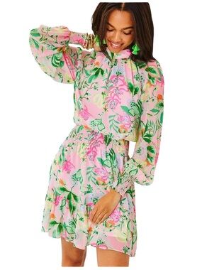 Lilly Pulitzer Pink Floral Long-Sleeve Ruffle Hem Dress Size 10 P2P 20”